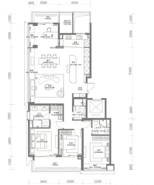 170m2四居室设置狭长中岛台 你觉得这个户型怎么样